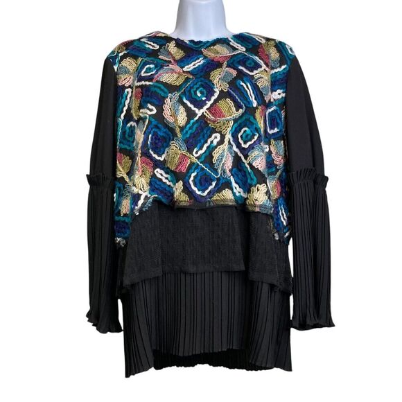 Bianco & Nero Womens Multicolor Embroidered Leaves Top Size 46/XL Artisanal Boho - Picture 1 of 14
